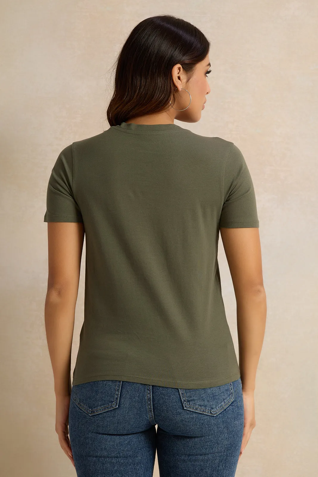 Women Olive V Neck T-Shirt