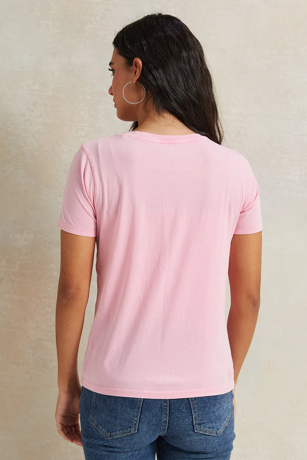 Women Pink Rhinestone Embellished T-Shirt