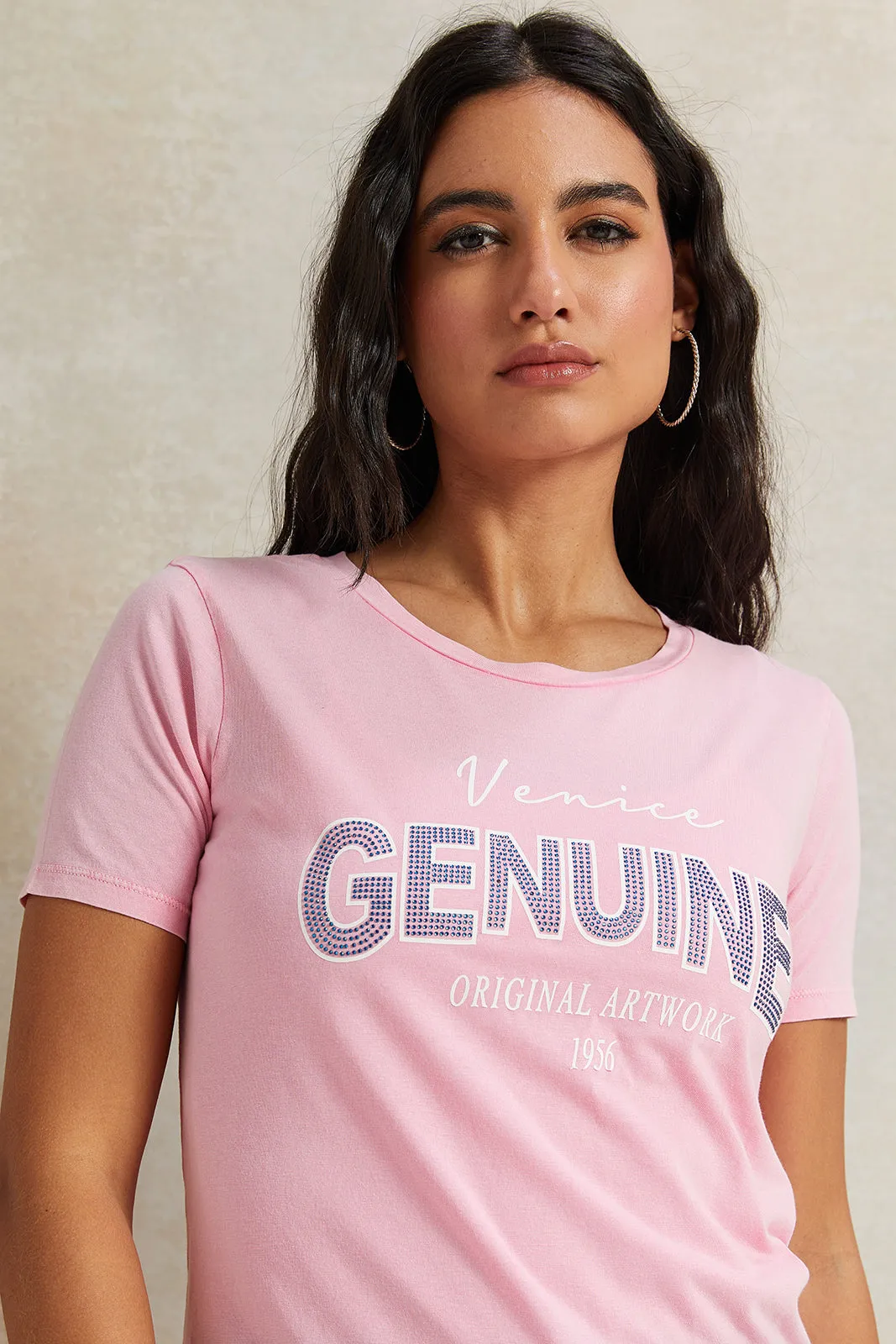 Women Pink Rhinestone Embellished T-Shirt