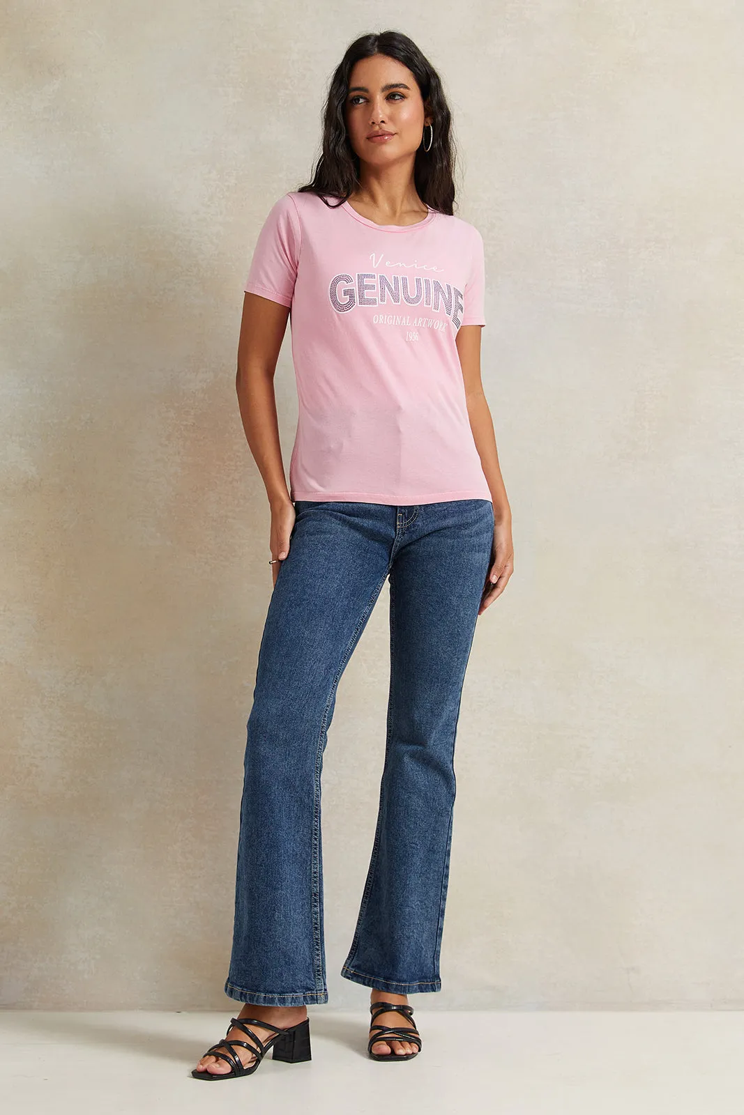 Women Pink Rhinestone Embellished T-Shirt