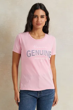 Women Pink Rhinestone Embellished T-Shirt