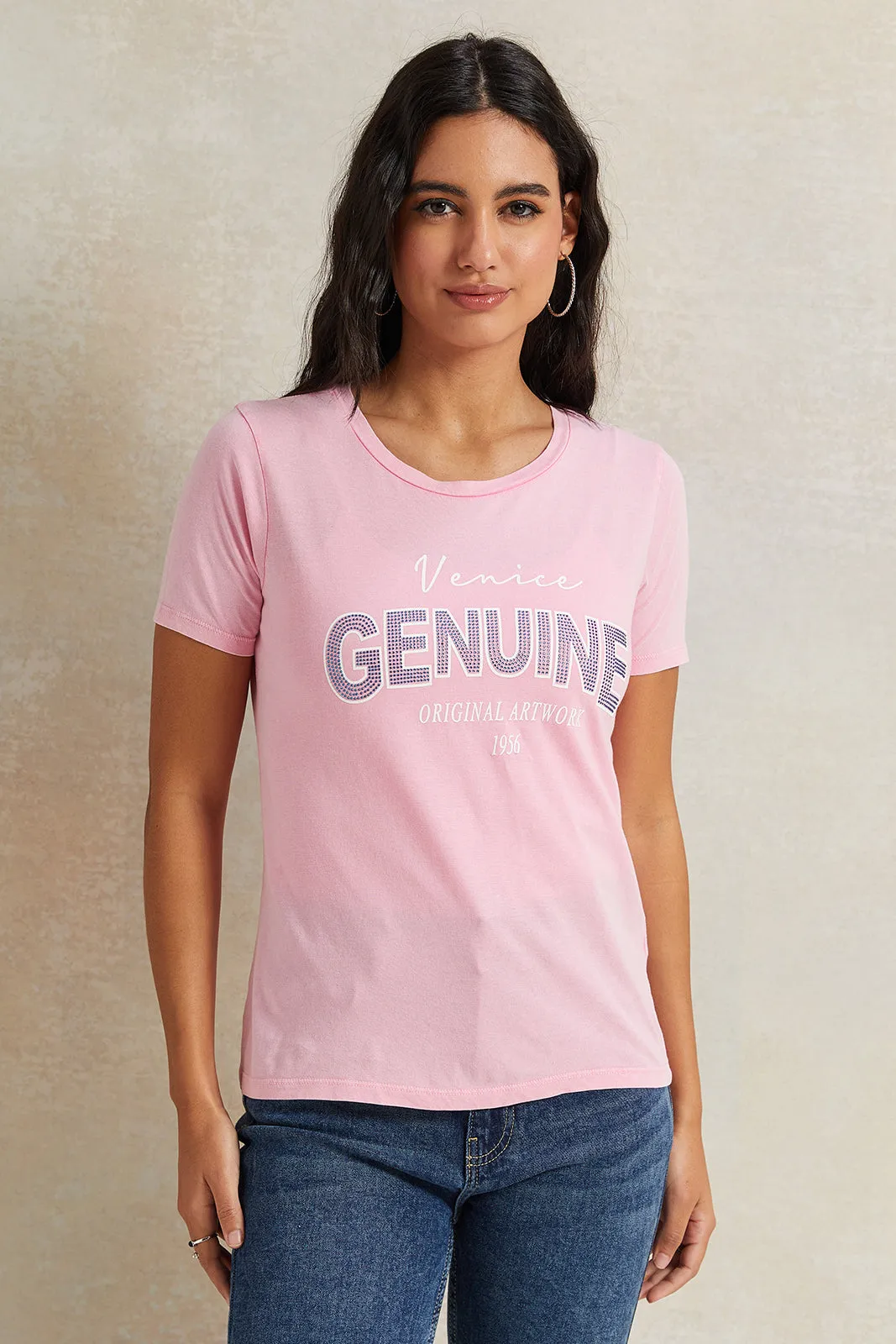 Women Pink Rhinestone Embellished T-Shirt