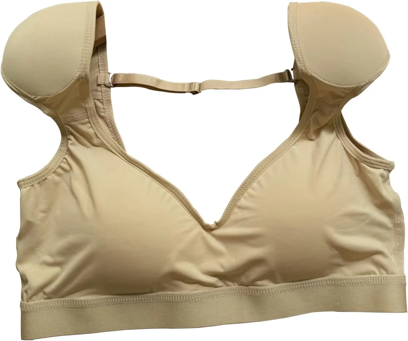 Women Sexy Casual T-Shirts 2 in 1 Built-in Shoulder Pad Push-Up Tops, Bra With Chest Pad(L,Beige)