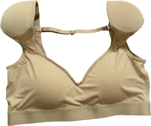 Women Sexy Casual T-Shirts 2 in 1 Built-in Shoulder Pad Push-Up Tops, Bra With Chest Pad(L,Beige)