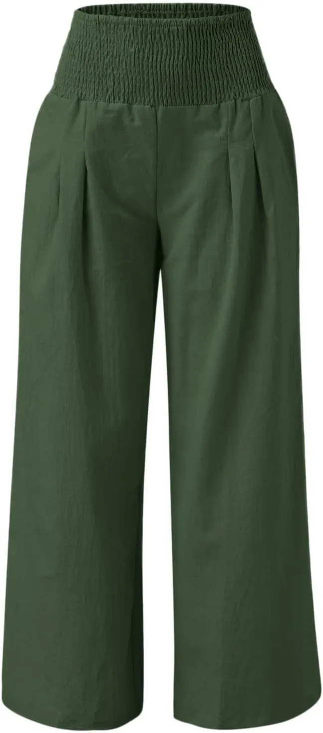 Women Summer High Waisted Linen Pants Casual High Waist Wide Leg Trousers with Pockets Loose Fit Flowy Paperbag Pants