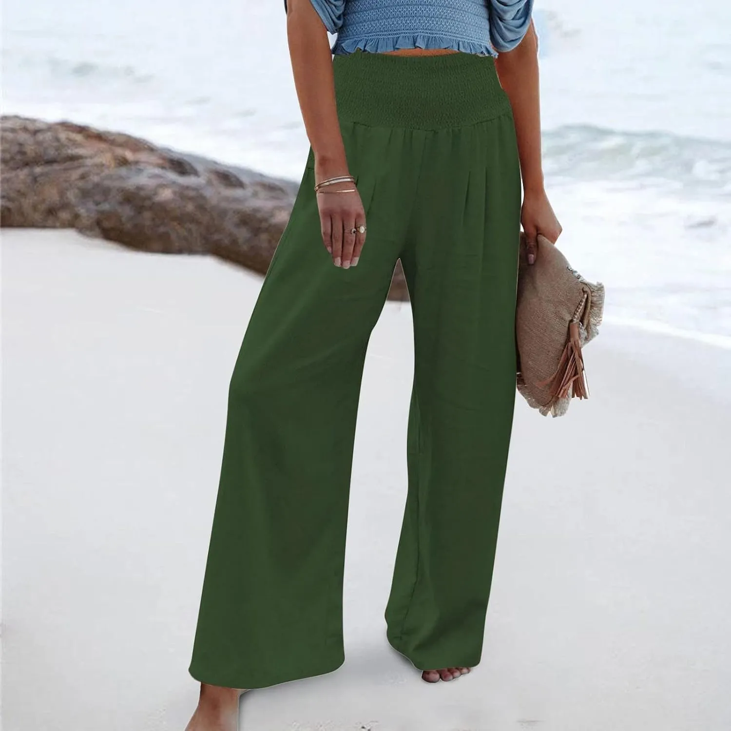 Women Summer High Waisted Linen Pants Casual High Waist Wide Leg Trousers with Pockets Loose Fit Flowy Paperbag Pants