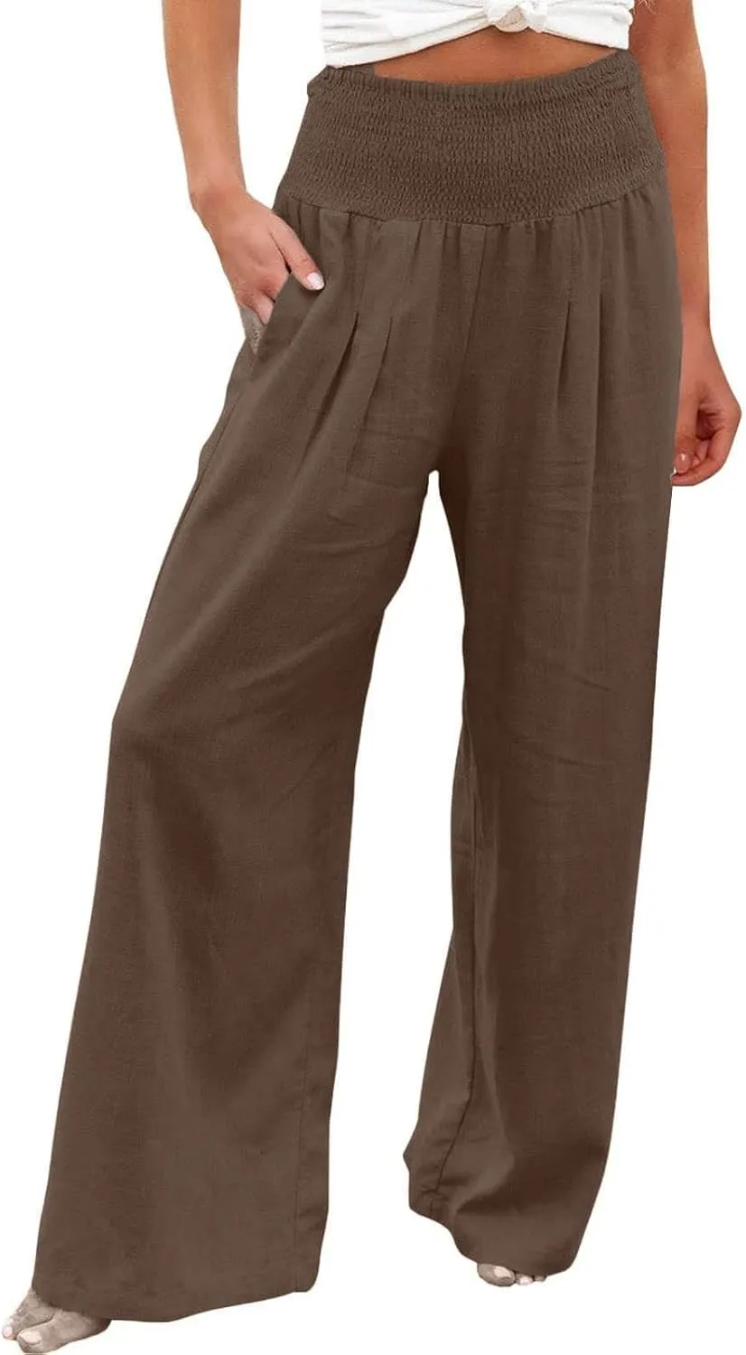 Women Summer High Waisted Linen Pants Casual High Waist Wide Leg Trousers with Pockets Loose Fit Flowy Paperbag Pants