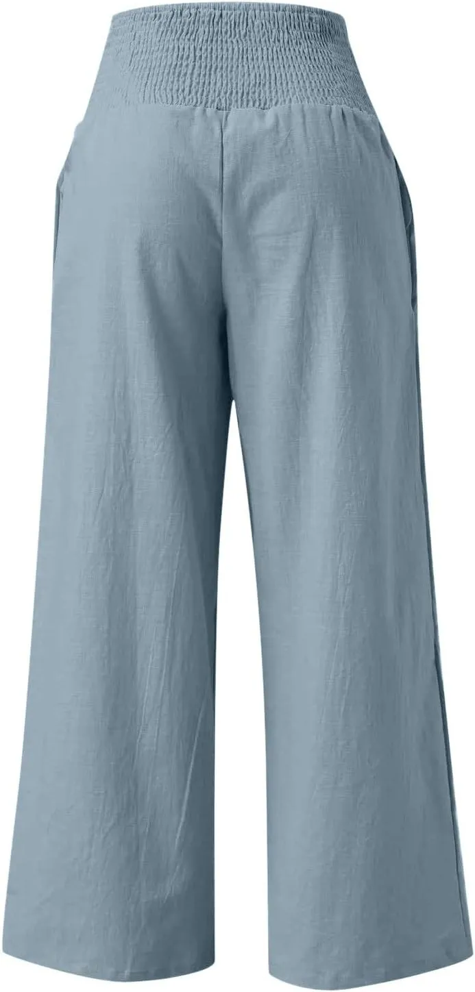 Women Summer High Waisted Linen Pants Casual High Waist Wide Leg Trousers with Pockets Loose Fit Flowy Paperbag Pants