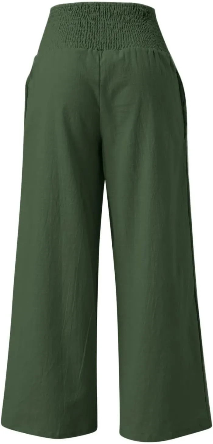 Women Summer High Waisted Linen Pants Casual High Waist Wide Leg Trousers with Pockets Loose Fit Flowy Paperbag Pants