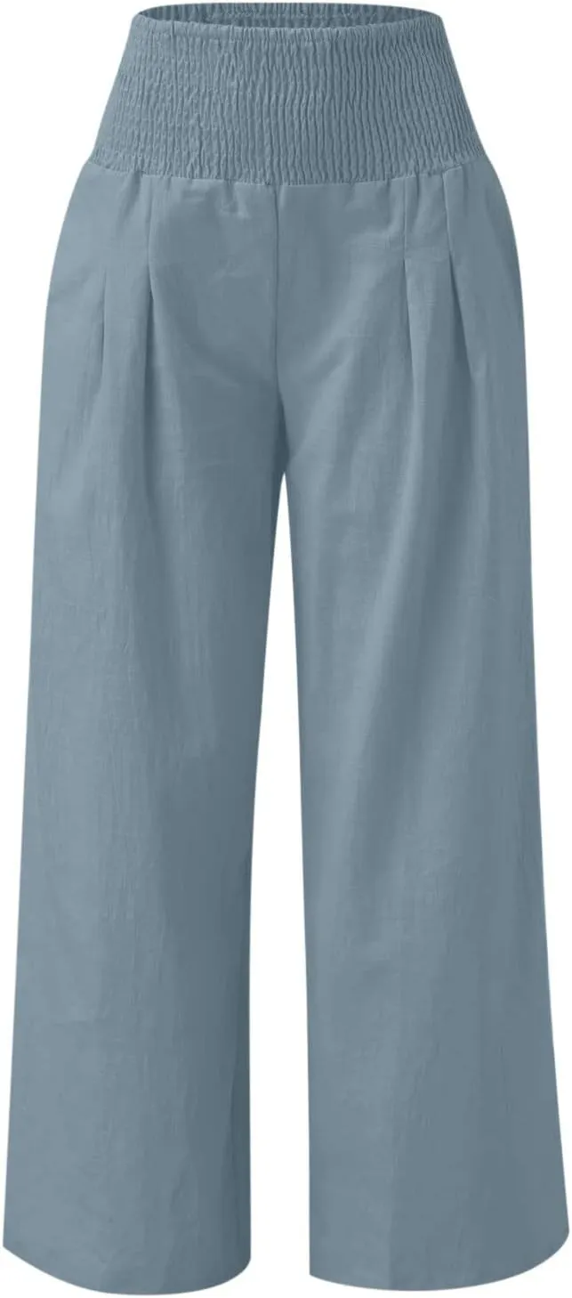 Women Summer High Waisted Linen Pants Casual High Waist Wide Leg Trousers with Pockets Loose Fit Flowy Paperbag Pants