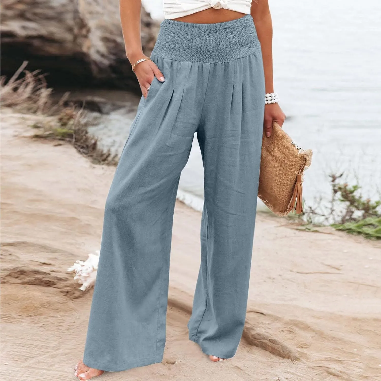 Women Summer High Waisted Linen Pants Casual High Waist Wide Leg Trousers with Pockets Loose Fit Flowy Paperbag Pants