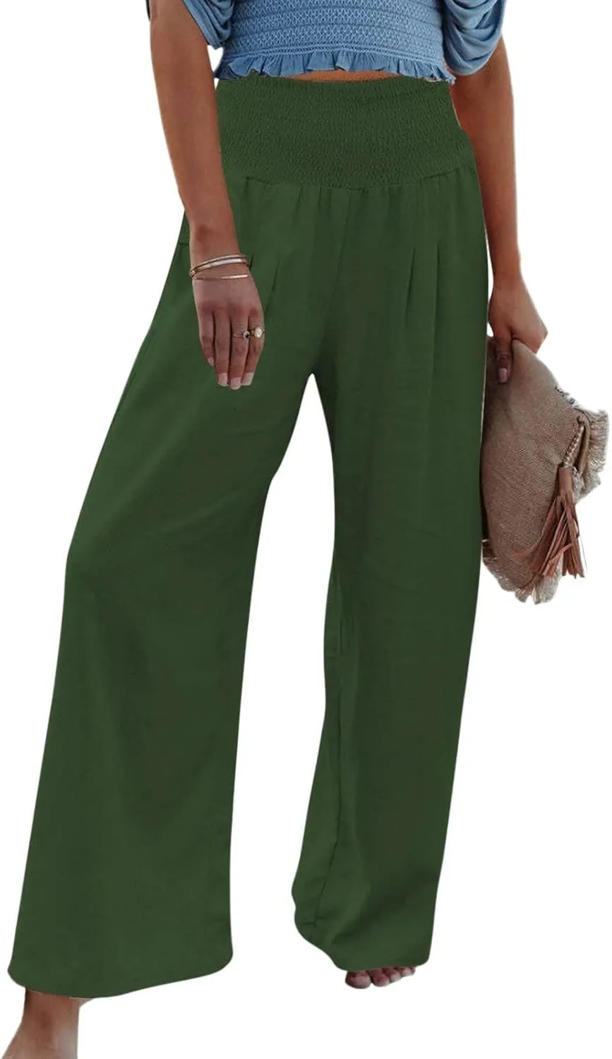 Women Summer High Waisted Linen Pants Casual High Waist Wide Leg Trousers with Pockets Loose Fit Flowy Paperbag Pants