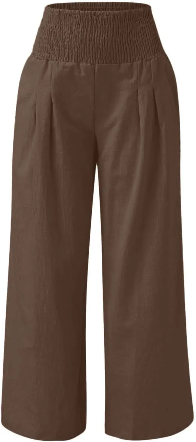 Women Summer High Waisted Linen Pants Casual High Waist Wide Leg Trousers with Pockets Loose Fit Flowy Paperbag Pants