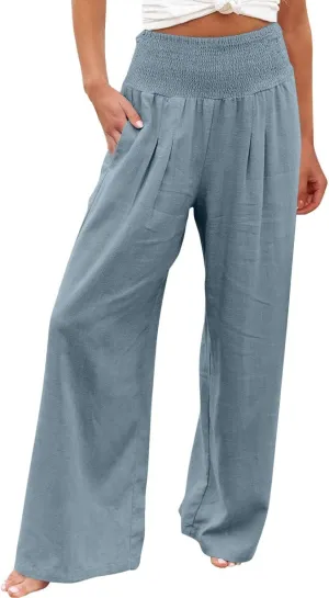 Women Summer High Waisted Linen Pants Casual High Waist Wide Leg Trousers with Pockets Loose Fit Flowy Paperbag Pants