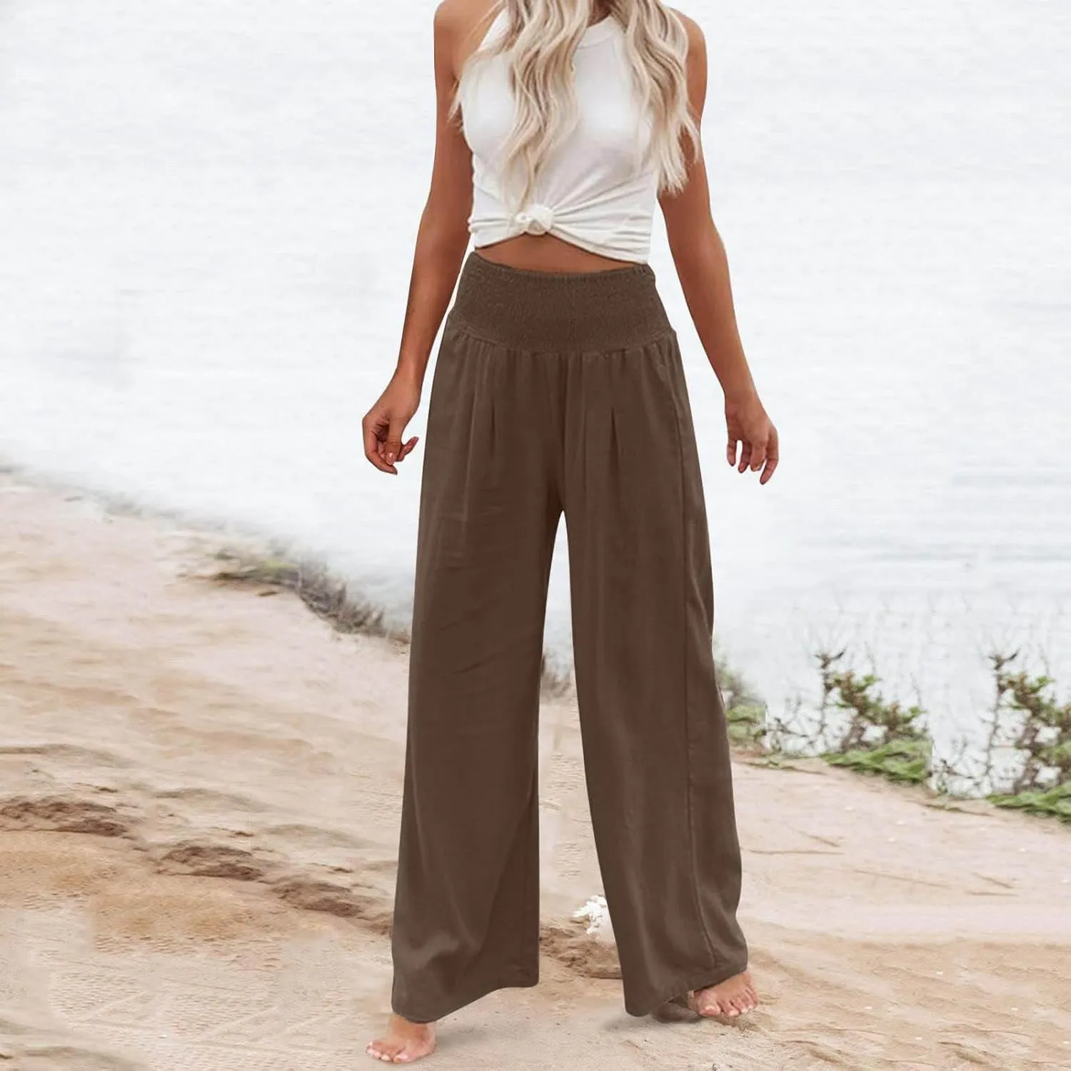 Women Summer High Waisted Linen Pants Casual High Waist Wide Leg Trousers with Pockets Loose Fit Flowy Paperbag Pants