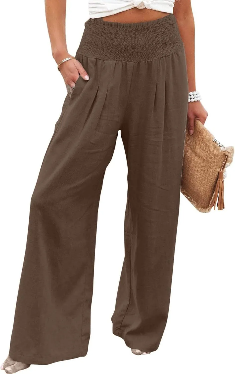 Women Summer High Waisted Linen Pants Casual High Waist Wide Leg Trousers with Pockets Loose Fit Flowy Paperbag Pants