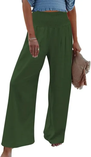 Women Summer High Waisted Linen Pants Casual High Waist Wide Leg Trousers with Pockets Loose Fit Flowy Paperbag Pants