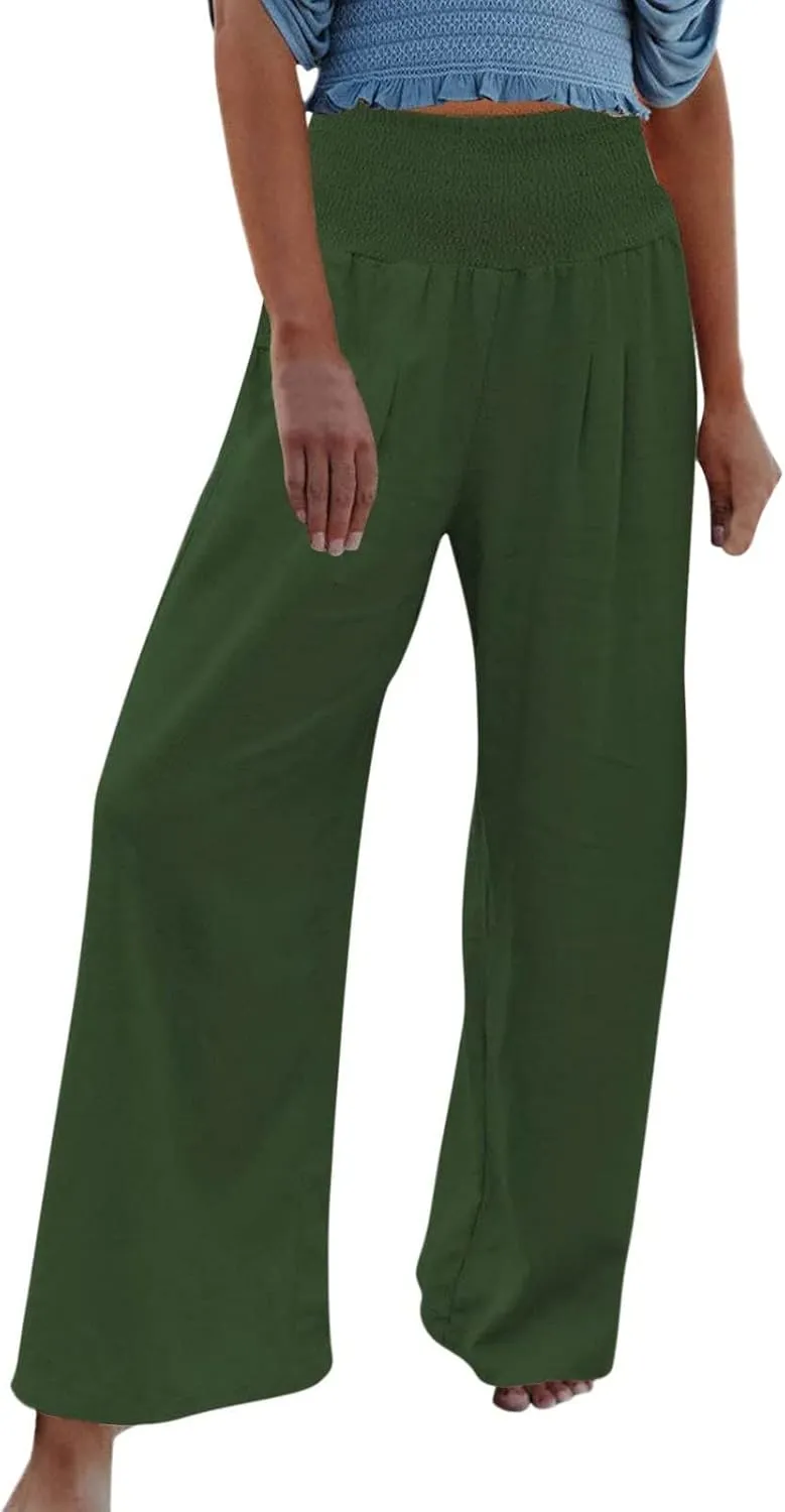 Women Summer High Waisted Linen Pants Casual High Waist Wide Leg Trousers with Pockets Loose Fit Flowy Paperbag Pants