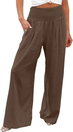 Women Summer High Waisted Linen Pants Casual High Waist Wide Leg Trousers with Pockets Loose Fit Flowy Paperbag Pants