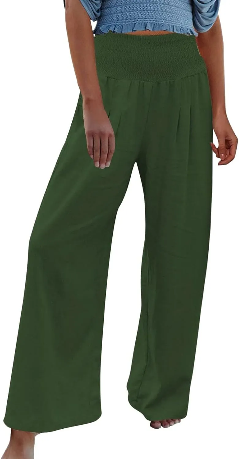 Women Summer High Waisted Linen Pants Casual High Waist Wide Leg Trousers with Pockets Loose Fit Flowy Paperbag Pants