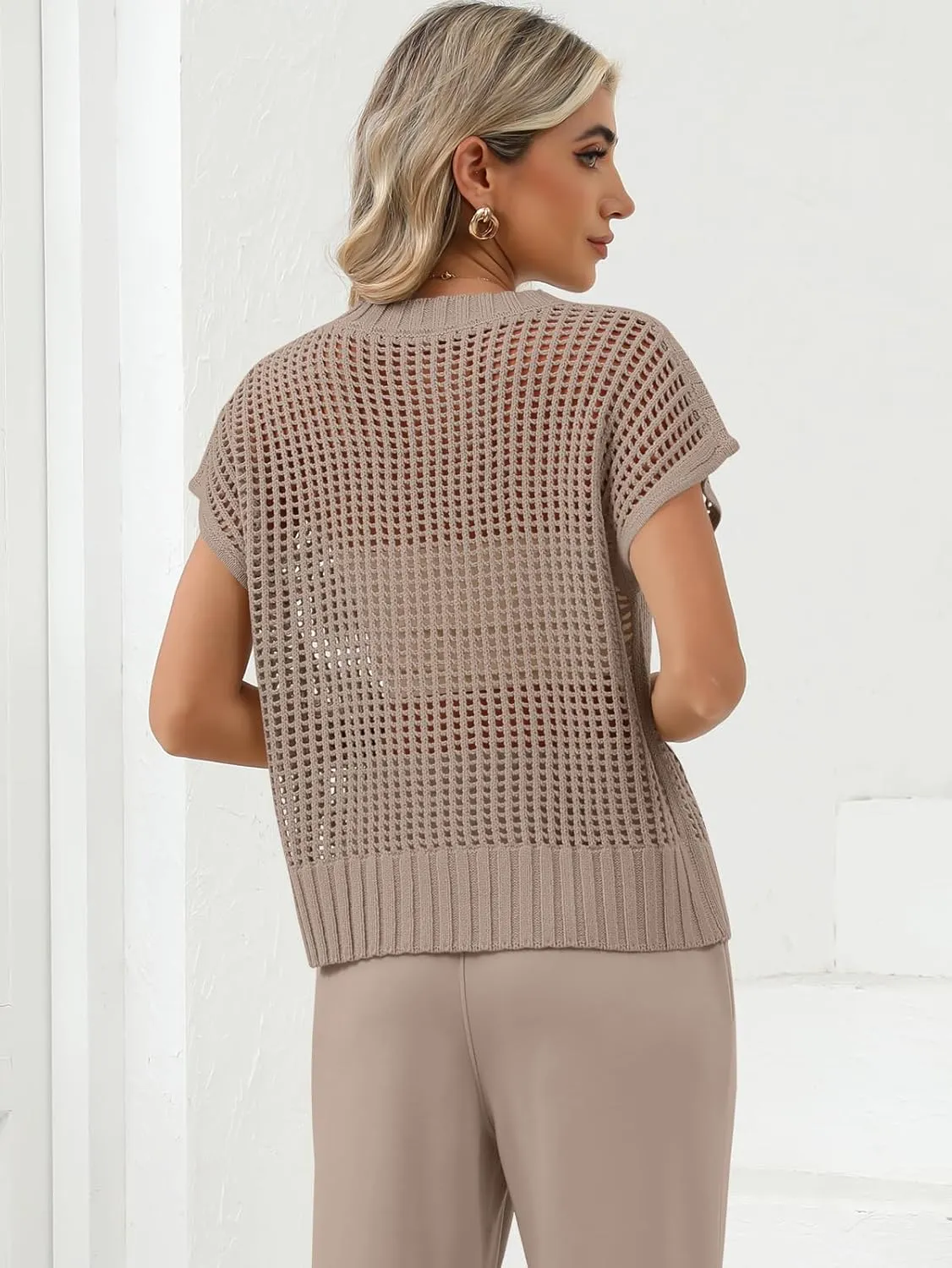 Women Summer Short Sleeve Crochet Sheer Knit Sweater Top Beach Cover Up Hollow Out Sexy See Through T-Shirts