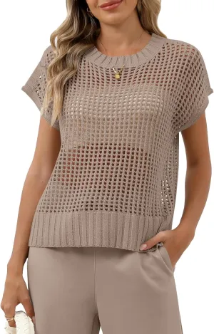 Women Summer Short Sleeve Crochet Sheer Knit Sweater Top Beach Cover Up Hollow Out Sexy See Through T-Shirts