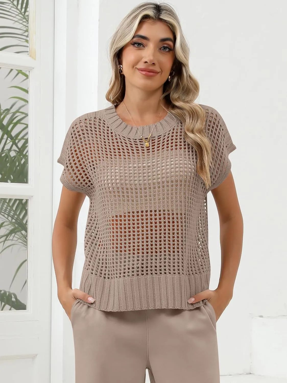 Women Summer Short Sleeve Crochet Sheer Knit Sweater Top Beach Cover Up Hollow Out Sexy See Through T-Shirts