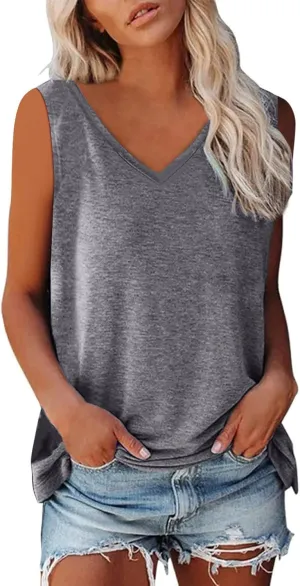 Women Tank Tops V Neck Sleeveless Stretch Cami T Shirts Loose Fit Summer Vacation 2025 Trendy Outfits