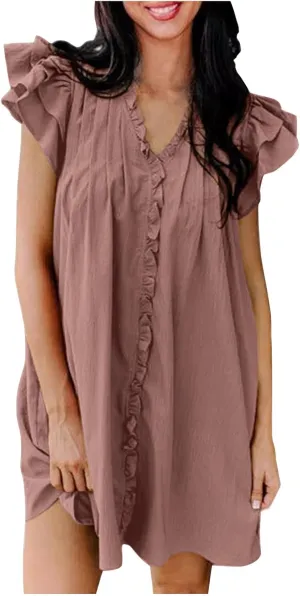 Womens 2024 Summer T-Shirts Dresses Casual V-Neck Ruffle Cap Short Sleeve Mini Dress Loose Pleated Beach Sundress