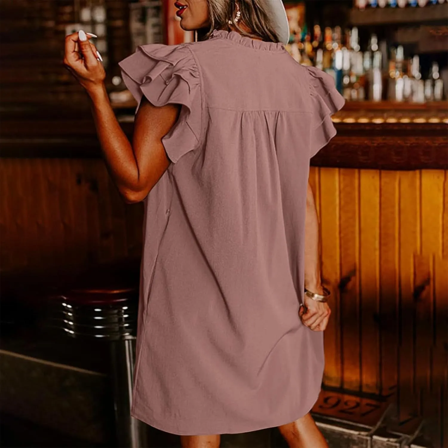 Womens 2024 Summer T-Shirts Dresses Casual V-Neck Ruffle Cap Short Sleeve Mini Dress Loose Pleated Beach Sundress