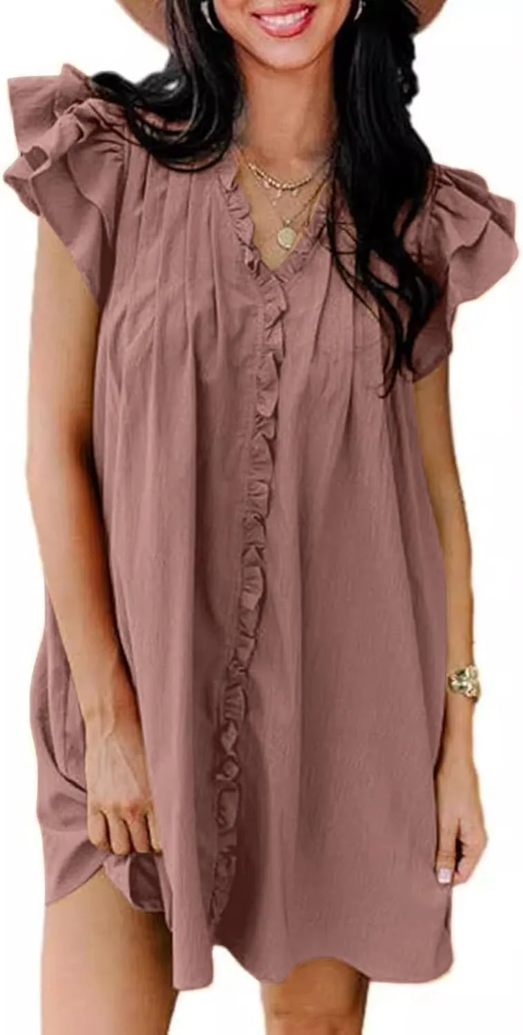 Womens 2024 Summer T-Shirts Dresses Casual V-Neck Ruffle Cap Short Sleeve Mini Dress Loose Pleated Beach Sundress