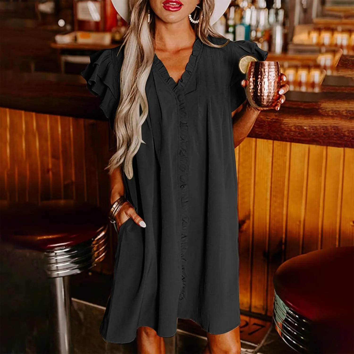 Womens 2024 Summer T-Shirts Dresses Casual V-Neck Ruffle Cap Short Sleeve Mini Dress Loose Pleated Beach Sundress
