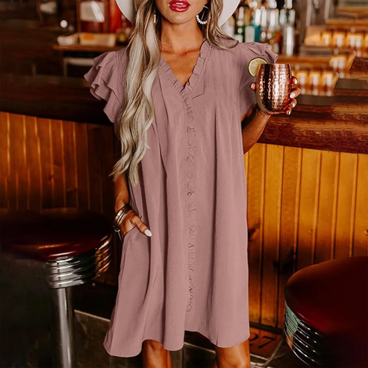 Womens 2024 Summer T-Shirts Dresses Casual V-Neck Ruffle Cap Short Sleeve Mini Dress Loose Pleated Beach Sundress