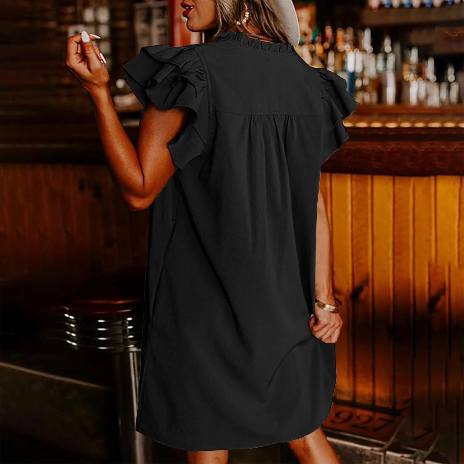Womens 2024 Summer T-Shirts Dresses Casual V-Neck Ruffle Cap Short Sleeve Mini Dress Loose Pleated Beach Sundress
