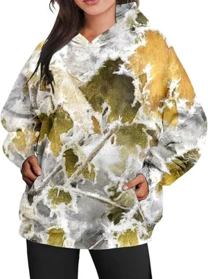 Womens Camo Hoodies Casual Loose Fit Long Sleeve Sweatshirts Oversized Maple Leaf Print Pullover Tops with Pocket