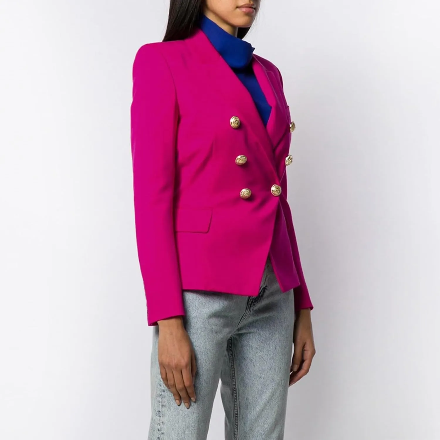 Women's Casual Blazer with Gold Buttons - Long Sleeve, Draped Open Front Cardigan Jacket with Pockets