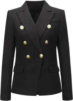 Women's Casual Blazer with Gold Buttons - Long Sleeve, Draped Open Front Cardigan Jacket with Pockets