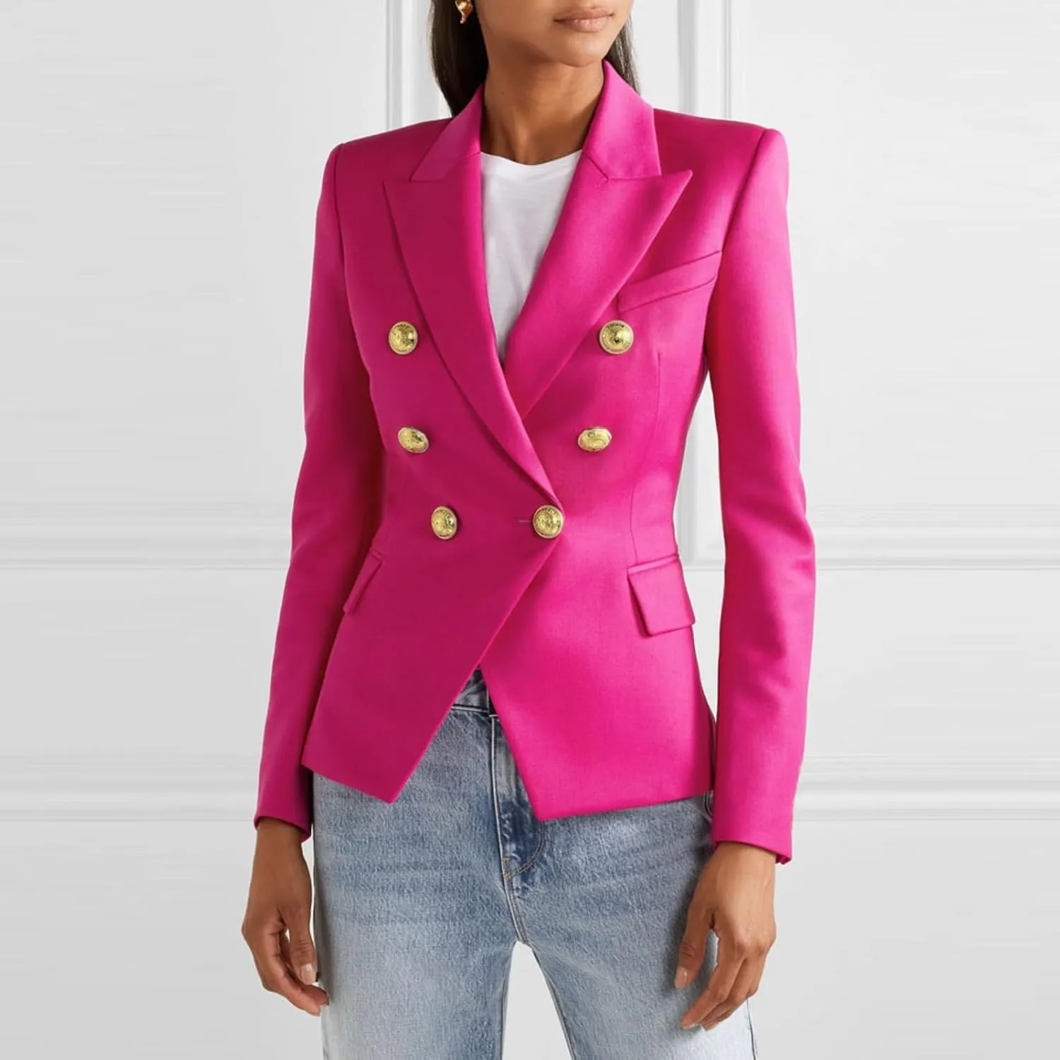Women's Casual Blazer with Gold Buttons - Long Sleeve, Draped Open Front Cardigan Jacket with Pockets