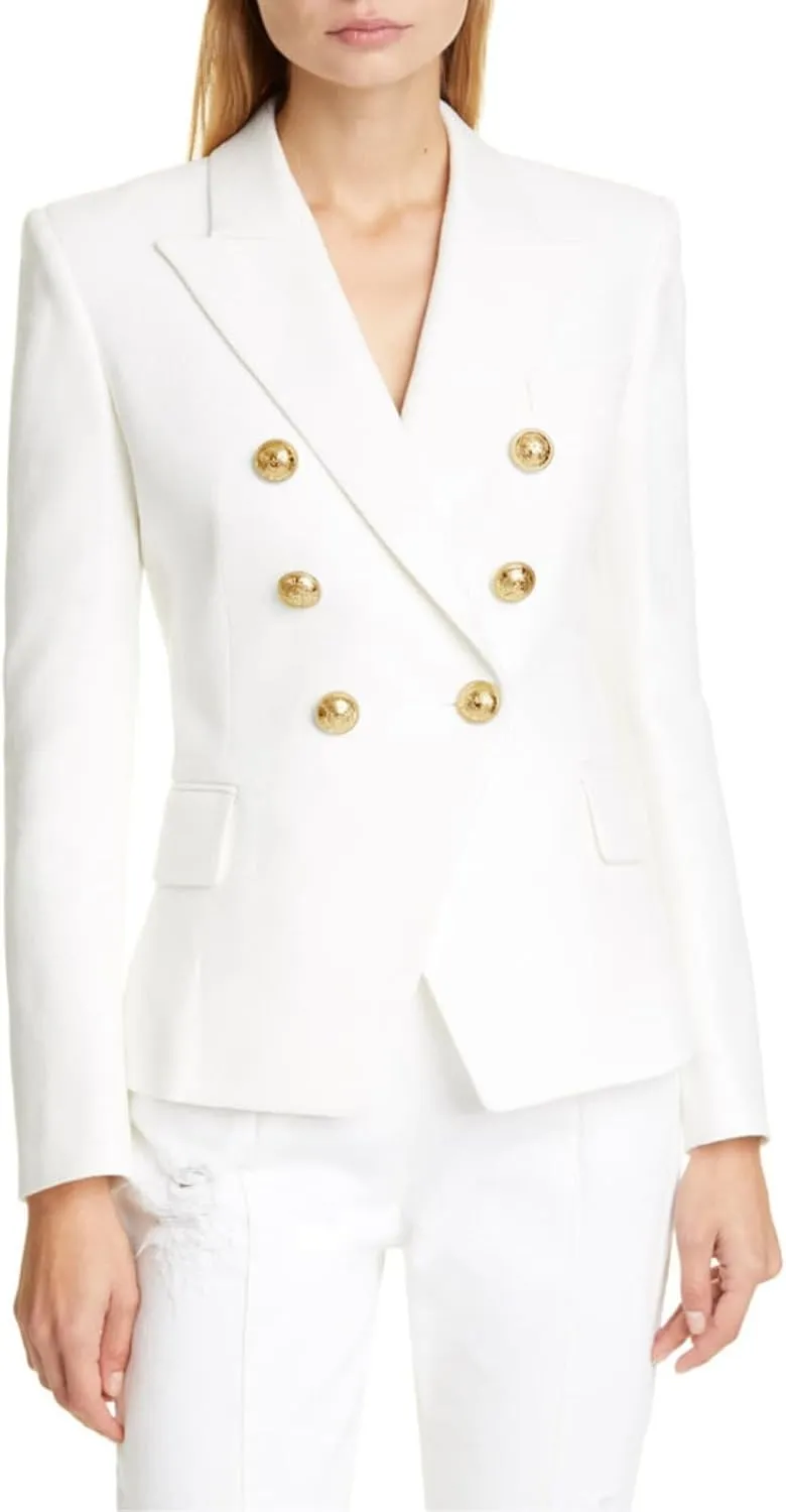 Women's Casual Blazer with Gold Buttons - Long Sleeve, Draped Open Front Cardigan Jacket with Pockets