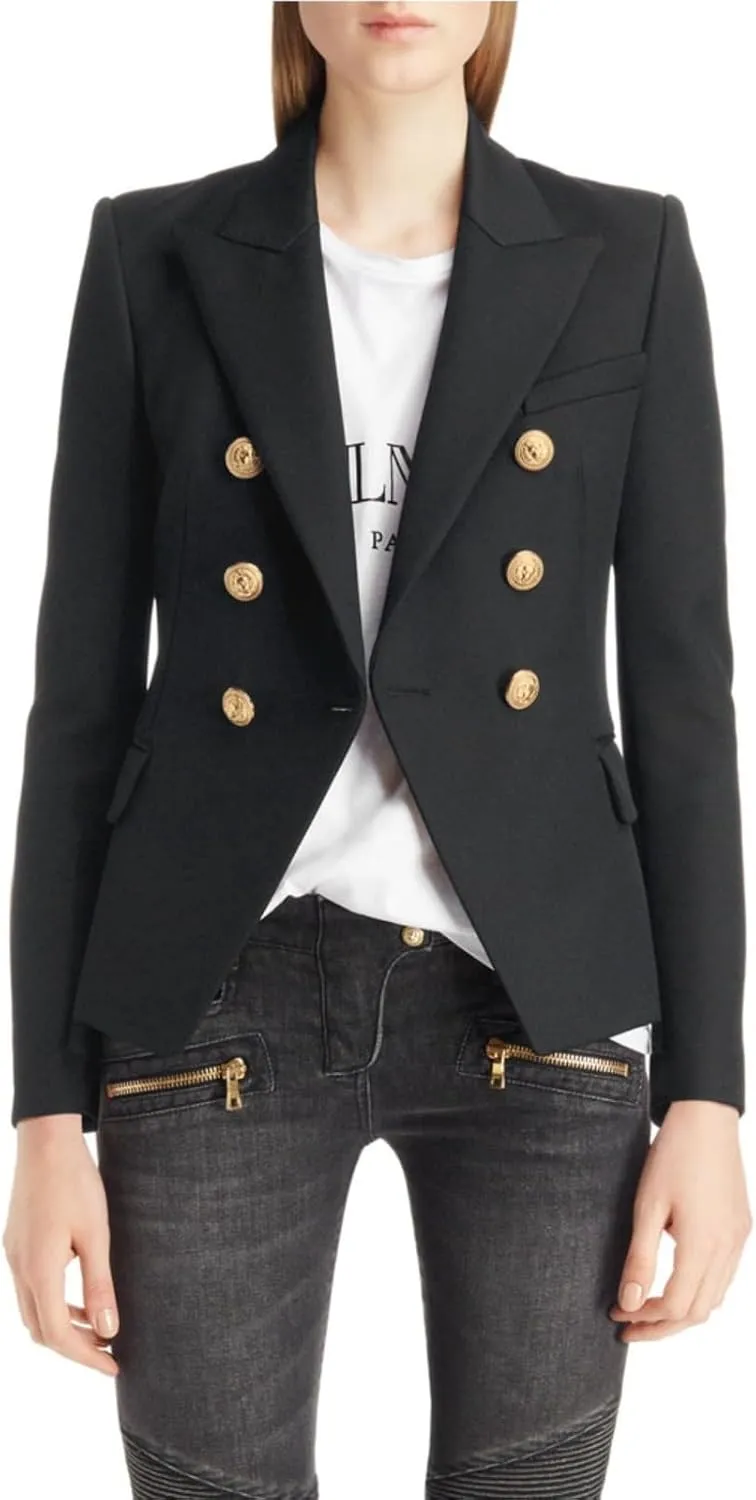 Women's Casual Blazer with Gold Buttons - Long Sleeve, Draped Open Front Cardigan Jacket with Pockets