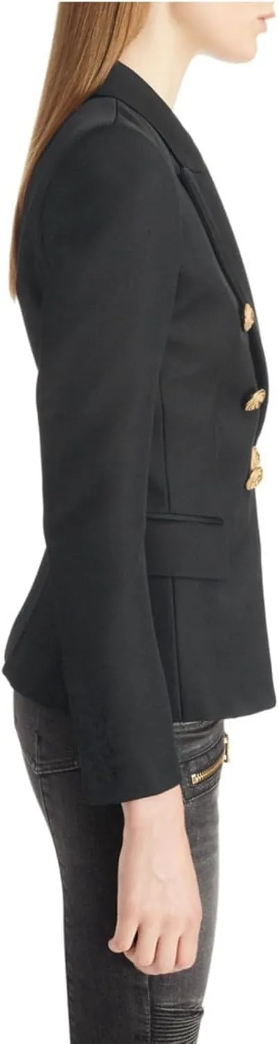 Women's Casual Blazer with Gold Buttons - Long Sleeve, Draped Open Front Cardigan Jacket with Pockets