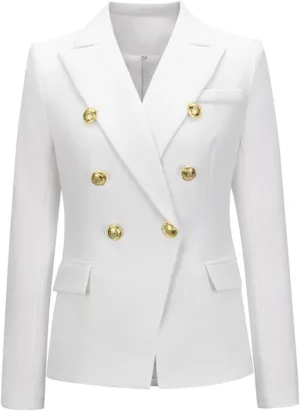 Women's Casual Blazer with Gold Buttons - Long Sleeve, Draped Open Front Cardigan Jacket with Pockets