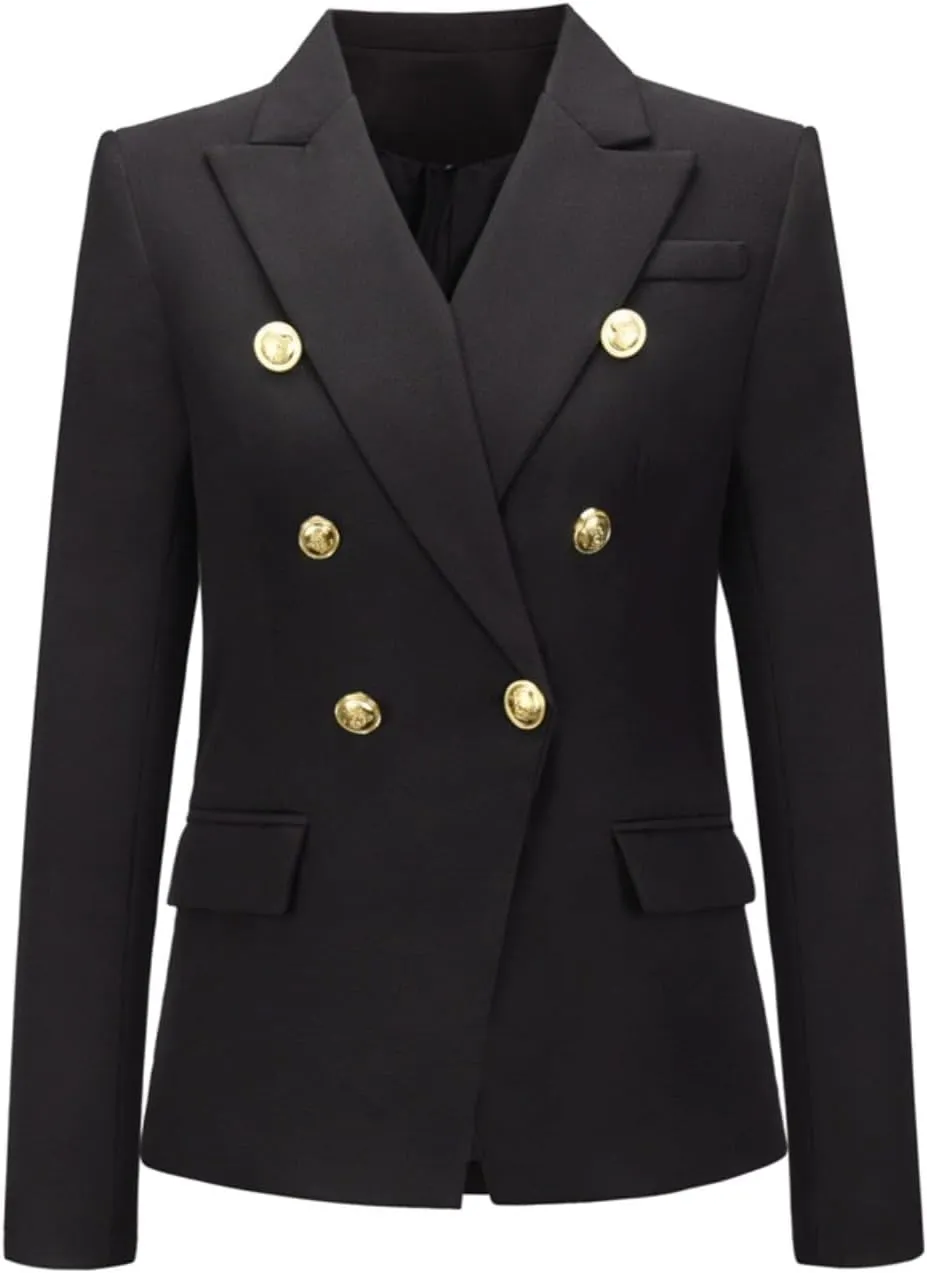 Women's Casual Blazer with Gold Buttons - Long Sleeve, Draped Open Front Cardigan Jacket with Pockets