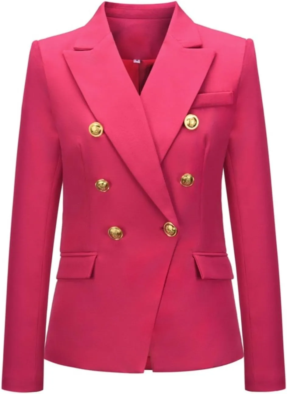 Women's Casual Blazer with Gold Buttons - Long Sleeve, Draped Open Front Cardigan Jacket with Pockets
