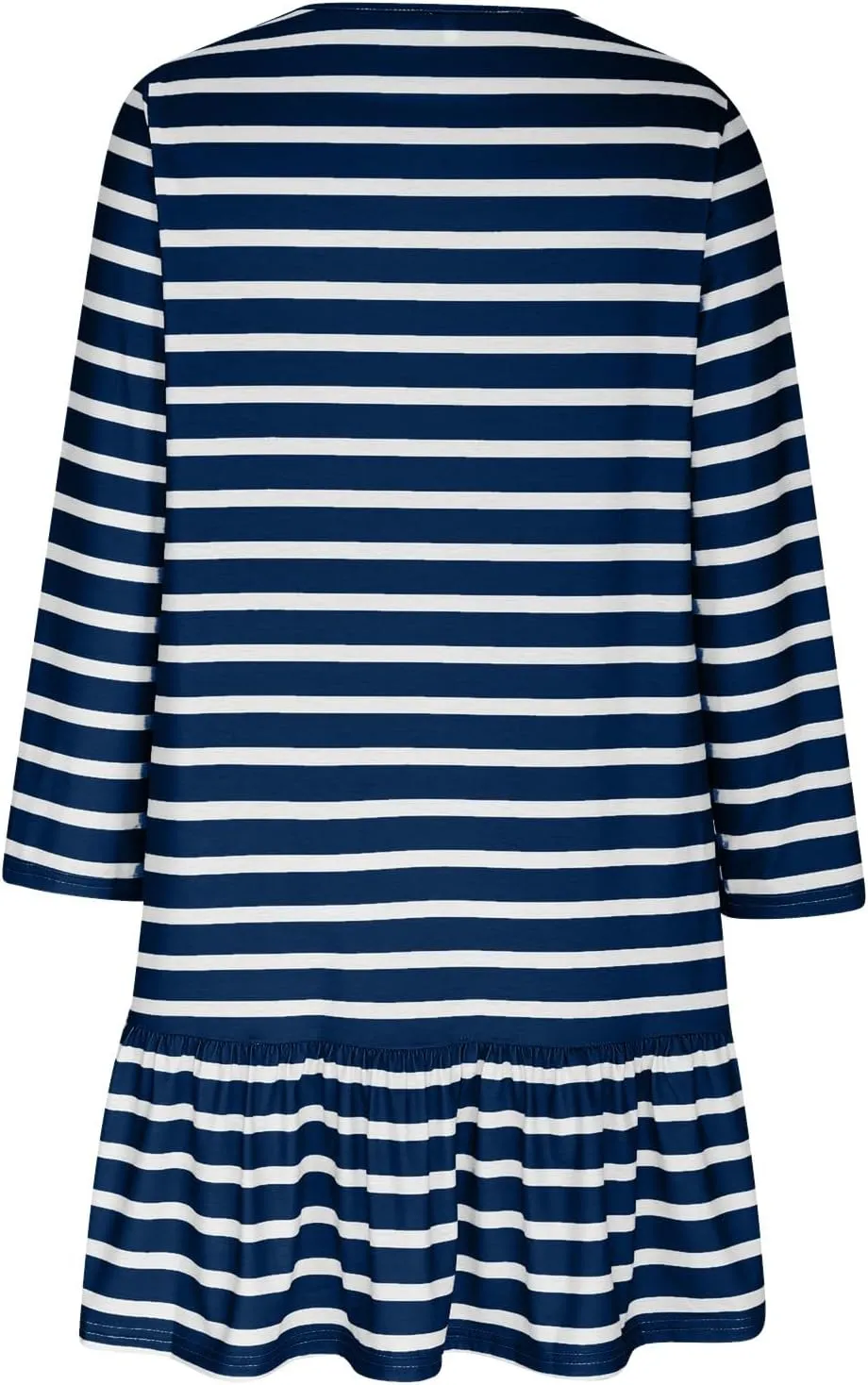 Womens Casual Fall Dresses Striped Print Ruffle Hem Short Dresses Loose Fitting Round Neck Mini Dresses with Pockets