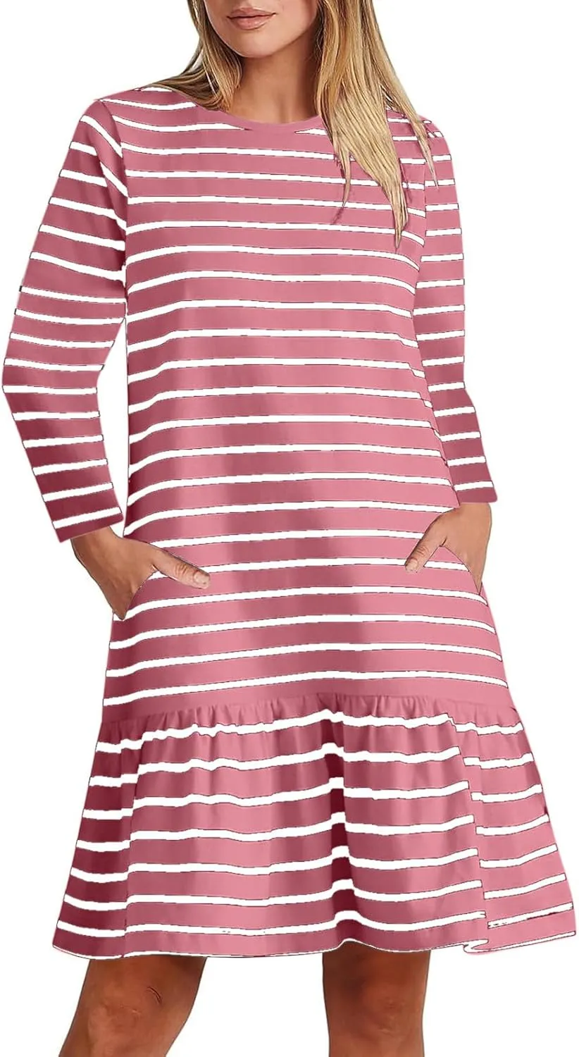 Womens Casual Fall Dresses Striped Print Ruffle Hem Short Dresses Loose Fitting Round Neck Mini Dresses with Pockets
