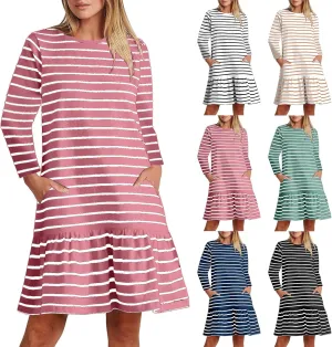 Womens Casual Fall Dresses Striped Print Ruffle Hem Short Dresses Loose Fitting Round Neck Mini Dresses with Pockets