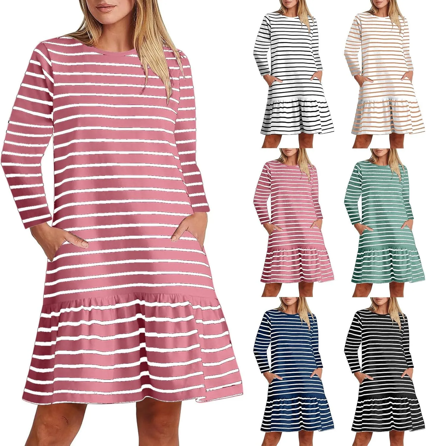 Womens Casual Fall Dresses Striped Print Ruffle Hem Short Dresses Loose Fitting Round Neck Mini Dresses with Pockets