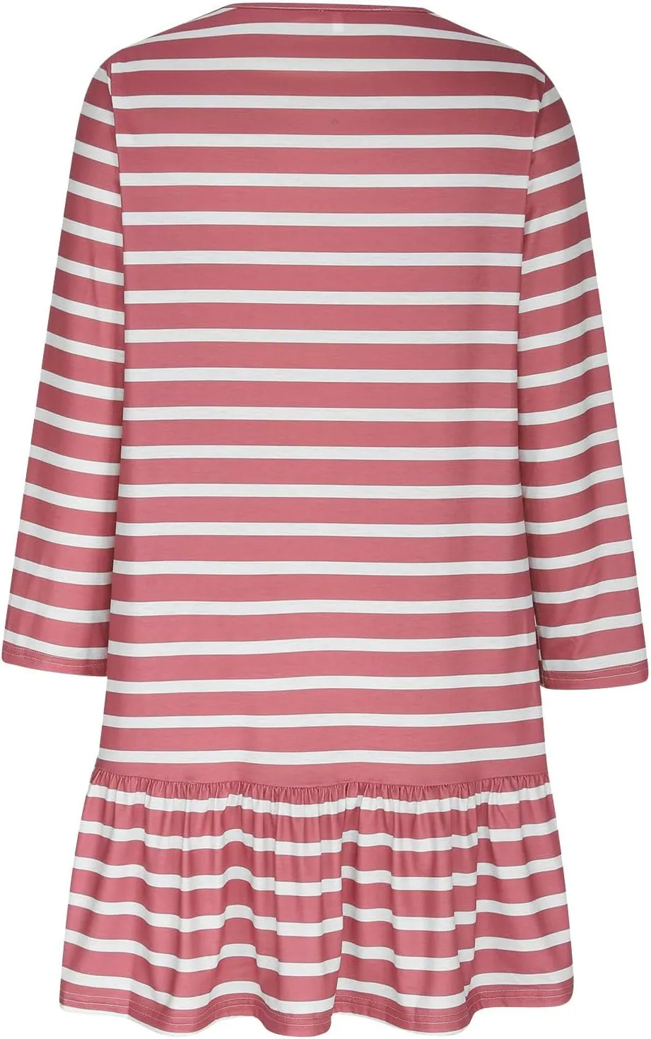Womens Casual Fall Dresses Striped Print Ruffle Hem Short Dresses Loose Fitting Round Neck Mini Dresses with Pockets