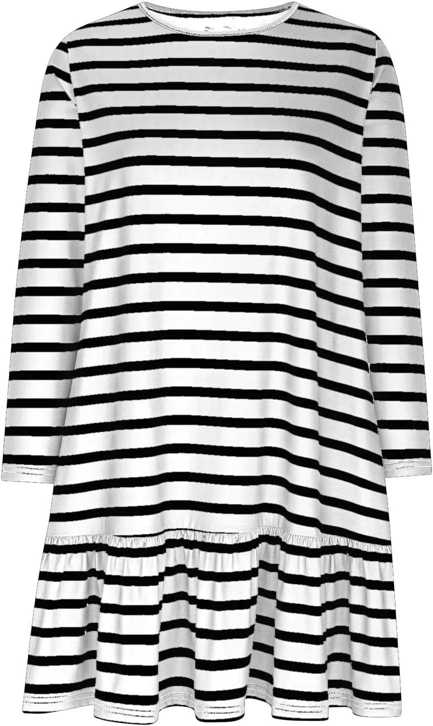 Womens Casual Fall Dresses Striped Print Ruffle Hem Short Dresses Loose Fitting Round Neck Mini Dresses with Pockets
